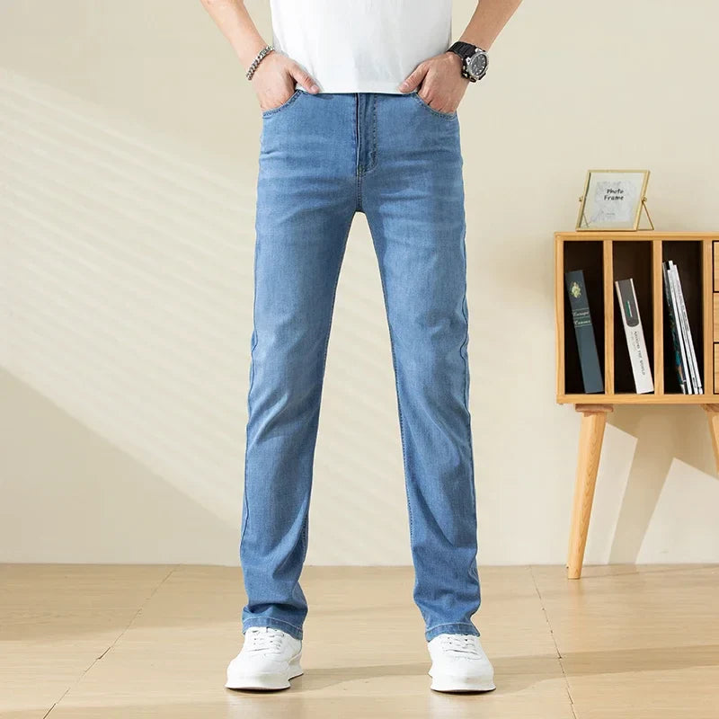 Summer Thin Mens Clothing Cowboys Slim Straight Jeans Men Denim Pants Casual Regular Fitness Men's Trousers Light Blue 2026 Y2K