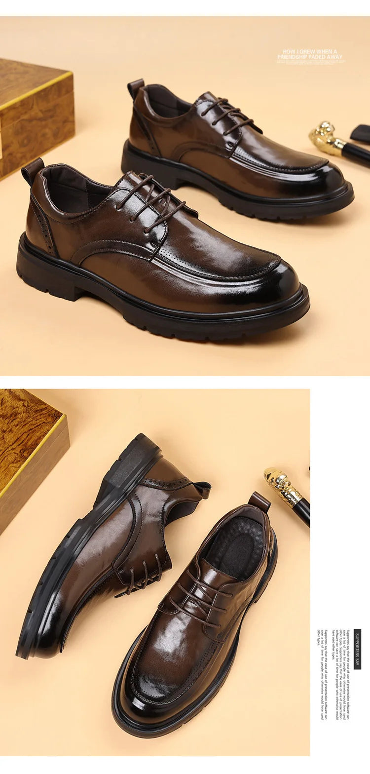 Spring Autumn Business Leather Shoes for Men Solid Color Lace Designer Big Head Dress Shoes Male Fashion Platform Casual Shoe