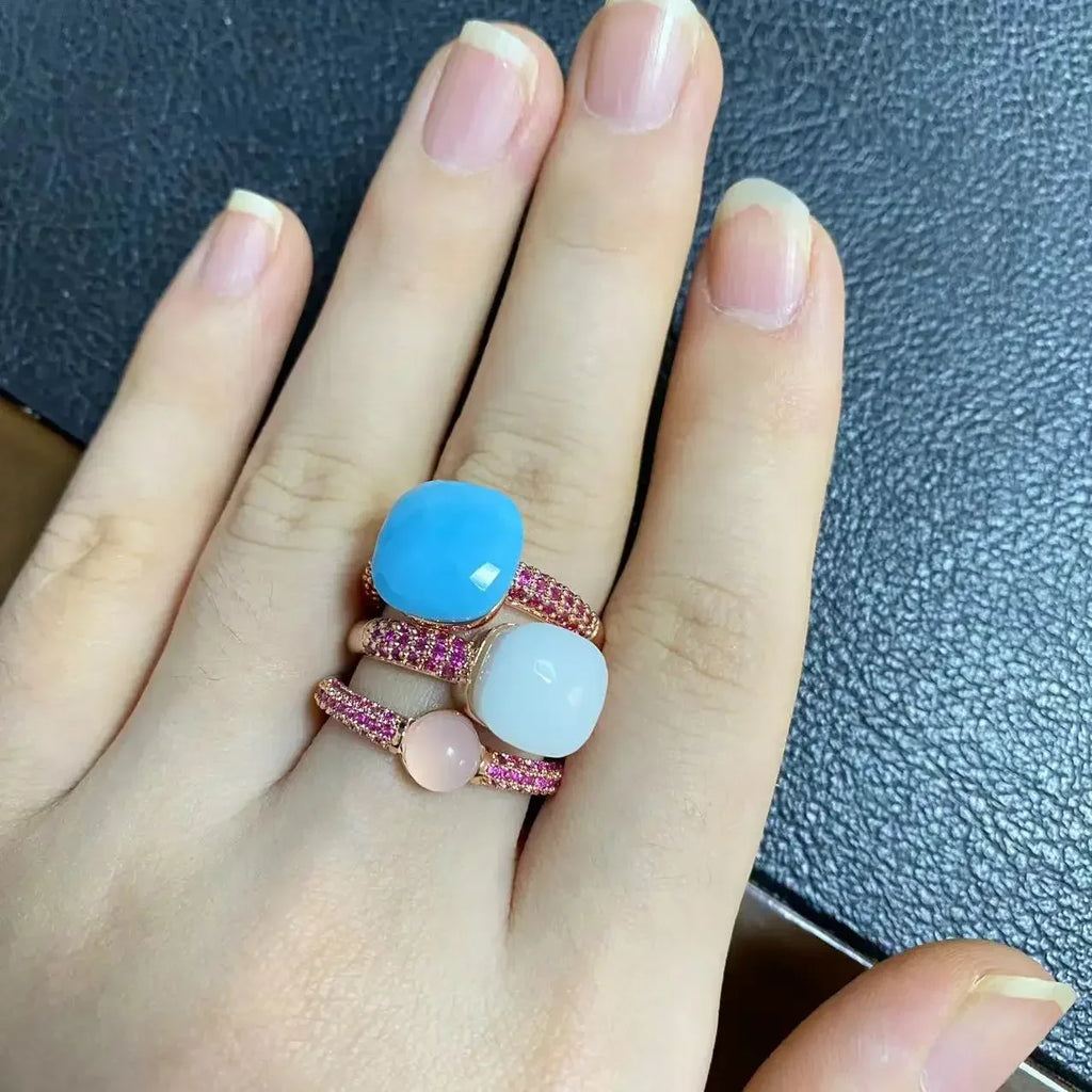 3Pcs/Set Nudo Ring Stacking Set for Women Mix Color Candy Crystal Inlay Zircon Amethyst Blue Topaz Round Jewelry Gift