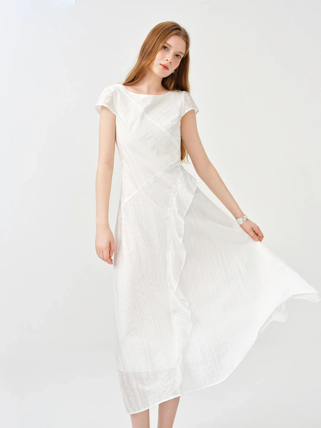 Women 2026 Summer New Arrival Soft Lyocell Dress Ruffled Waist-Cinched Bias Cut Slimming Elegant Commuter style Midi Dress