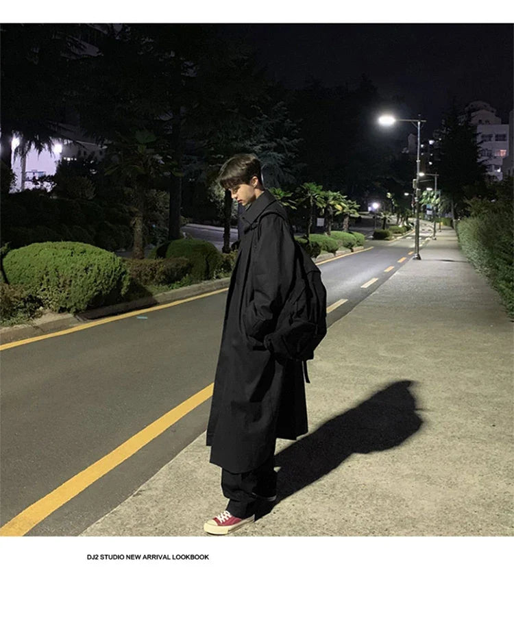 Spring Autumn Long Oversized Black Khaki Trench Coat Men Raglan Sleeve Single Breasted Loose Casual Korean Fashion