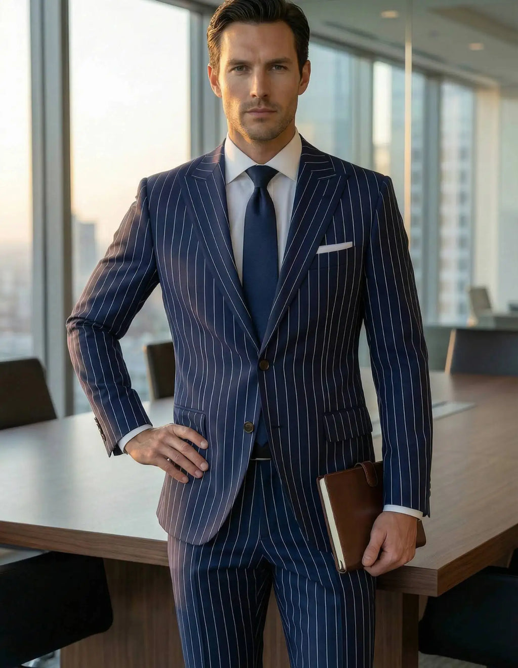 Elegant dark blue striped men's suit; 2 pieces of fashionable double-breasted, collarless slim-fit jacket and trouser set new st