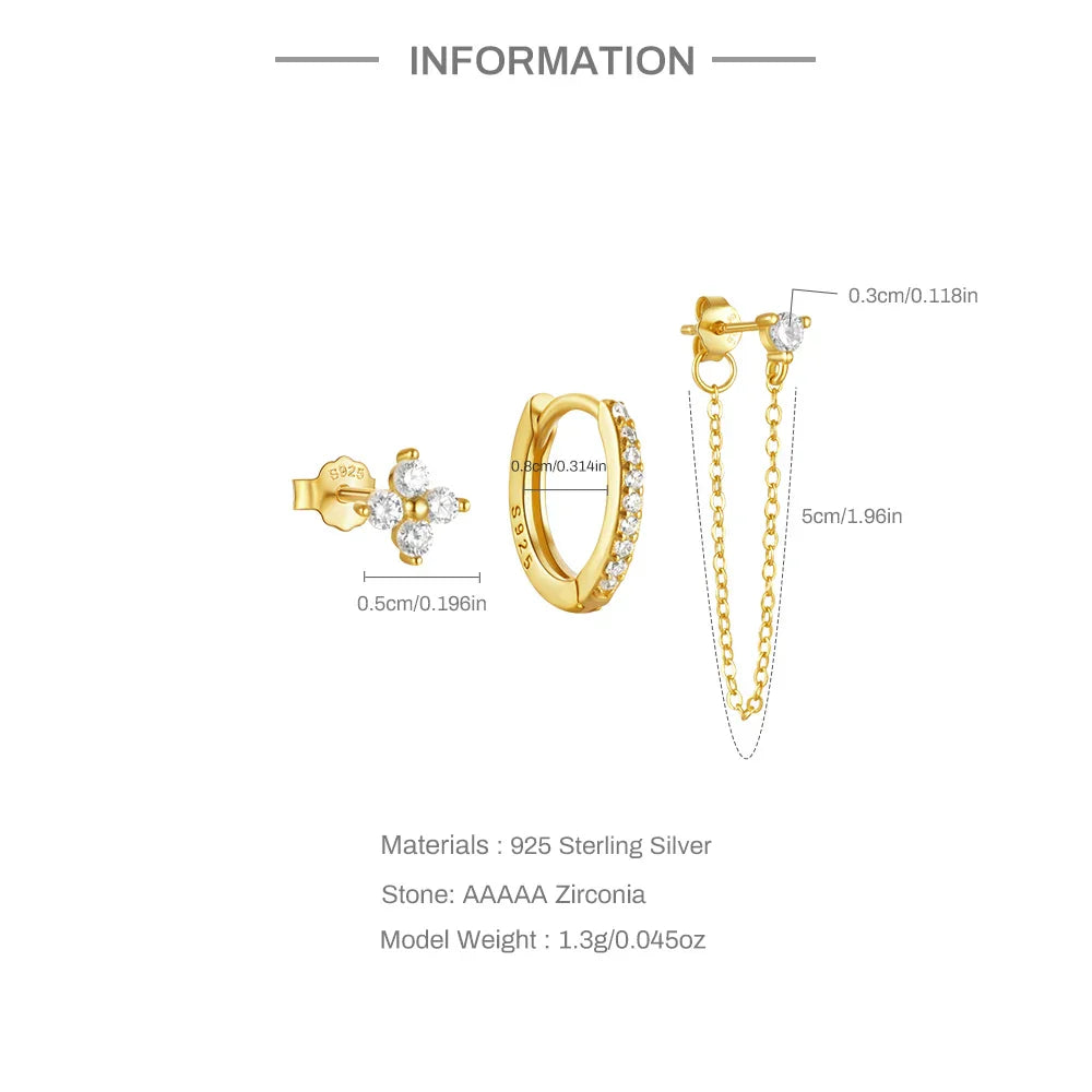 925 Sterling Silver 3pcs/set Cute Chians Stud Earrings Set Fashion Zircon Crystal Women Girls Gift Fine Jewelry Set