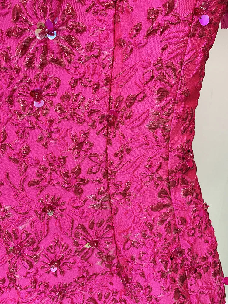 Newest 2026 Designer Fashion Stylish Dress Women's Beaded Floral Jacquard Trimmed Dress
