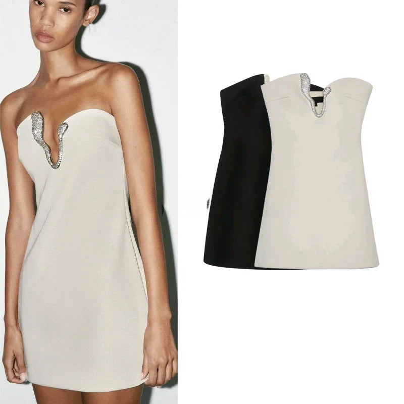 Summer New Women's Asymmetric Collar Jewelry Embellied Patchwork Lined ort Dr Ele High Waist Svel Bodycon
