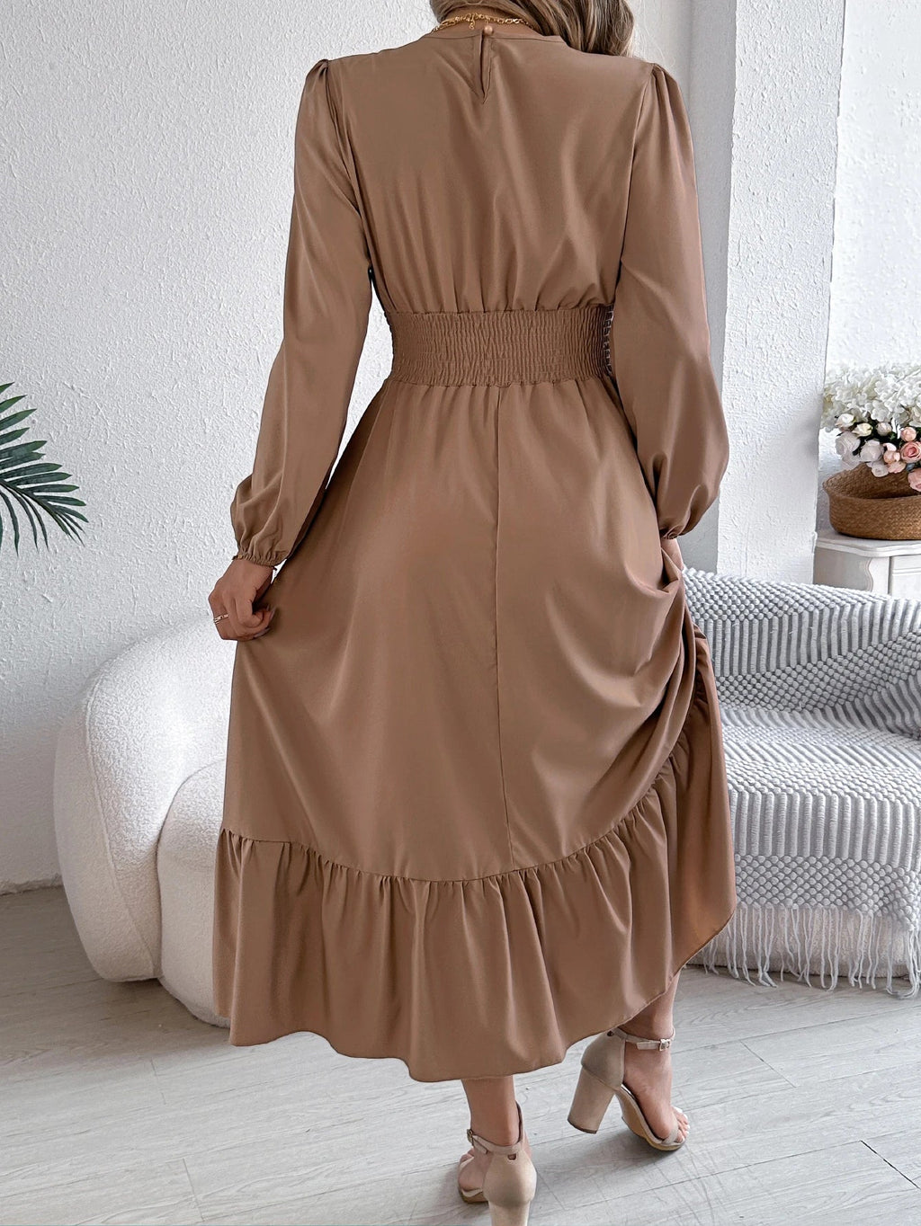 Autumn and Winter Casual Elegant Solid Color Round Neck Long Sleeved Waist Cinched Lotus Leaf Edge Dress Women Clothing