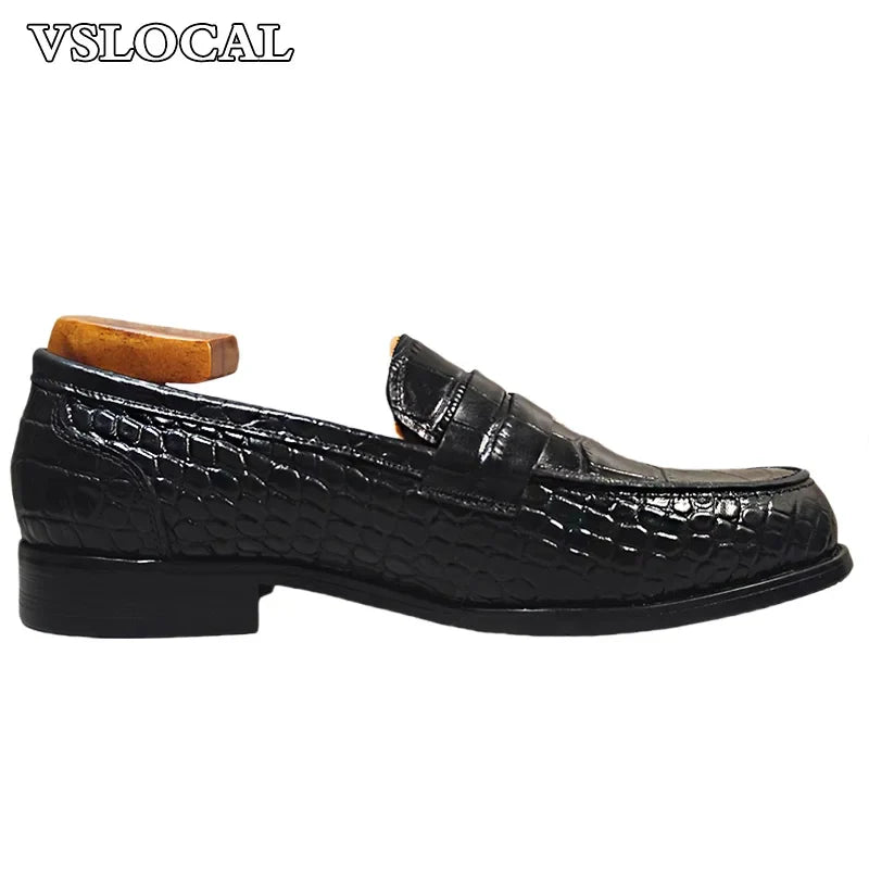 Luxury Brand Men Leather Shoes Black Slip On Croco Prints Casual Mens Dress Shoes Wedding Office Banquet Loafers For Men