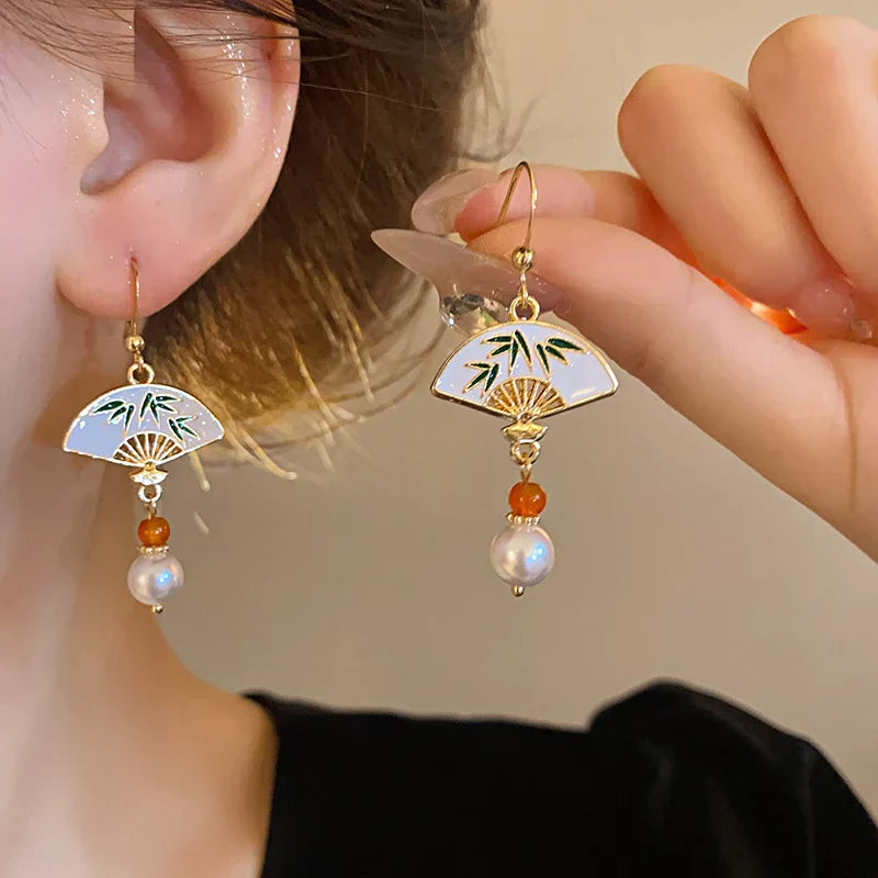 chinese Style Bamboo Joint Flower Earrings Imitation Pearl Fringe Earring New National Tide Personality  Earrings for Women