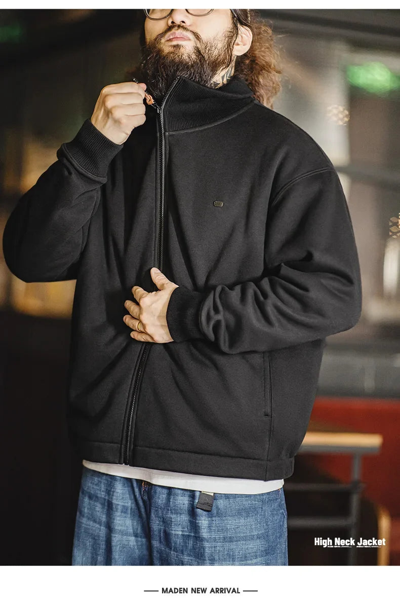 Men's High Neck Warm Jacket Polar Fleece Lining Thickened Coat Casual Sports Style Cardigan Sweater Vintage Tennis Jacket
