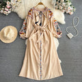 Retro Ethnic Sle Long Sve Embroidered round Ne A-Line Cotton Linen Dr Slimming Waist Cinched Ele Long Dr