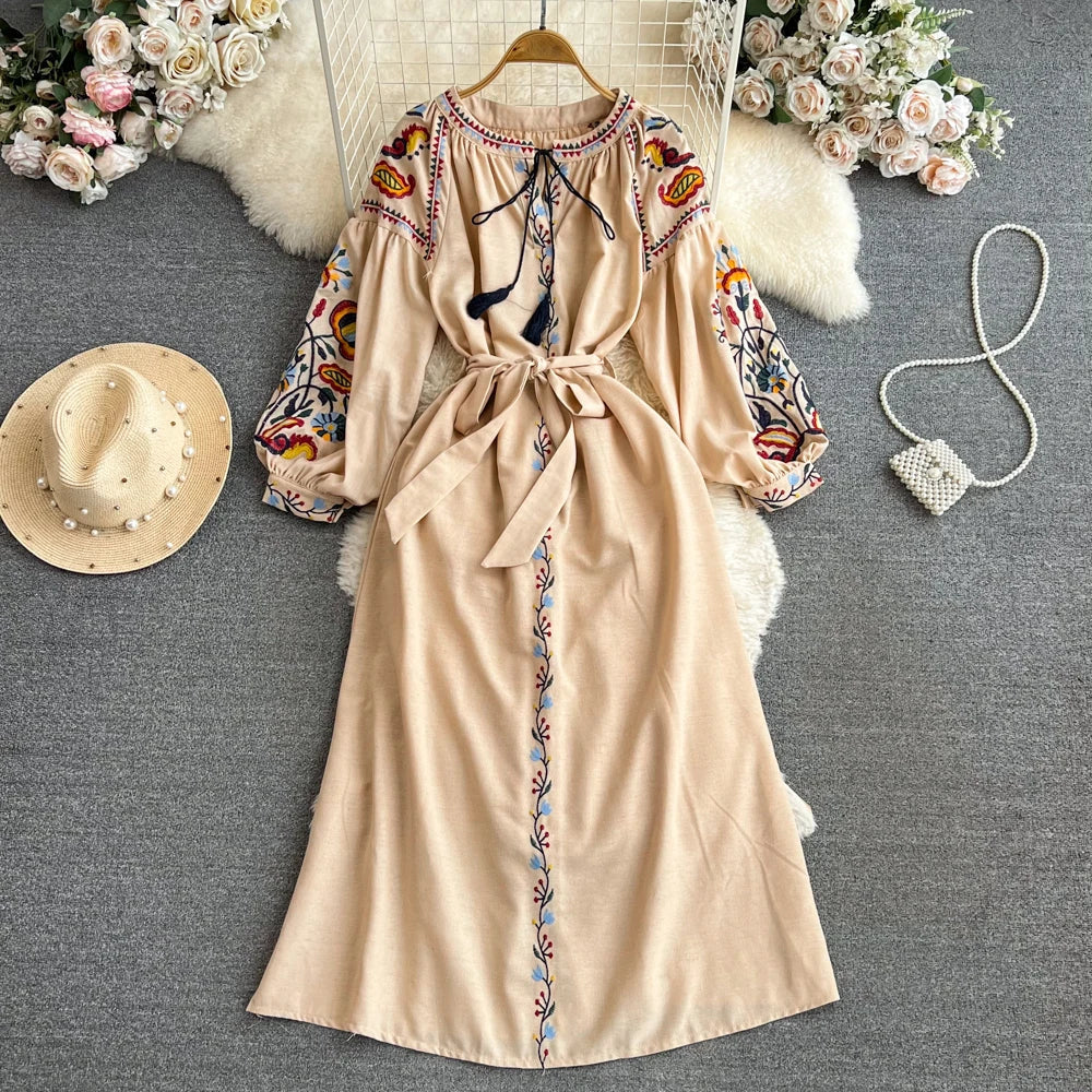 Retro Ethnic Sle Long Sve Embroidered round Ne A-Line Cotton Linen Dr Slimming Waist Cinched Ele Long Dr