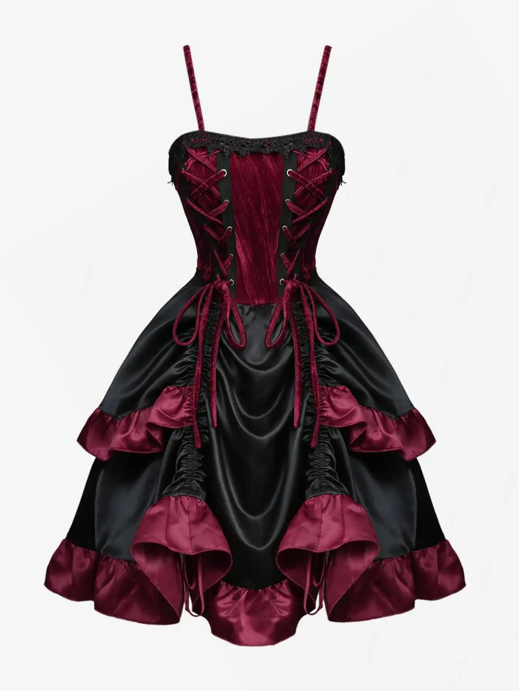 Gothic Lace Up Cinched Ruffles Layered Dress 2026 Women Summer New Deep Red Club,Cocktail & Party A Line Dresses Vestidos