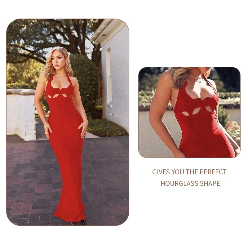 VC Black Halter Elegant Dress For Women 2025 New Summer Evening Party Celebrity Bodycon Long Dress Red Brown Prom Vestido