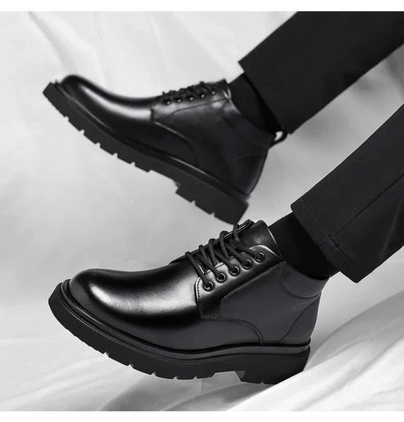 Mens Black Leather Lace Up Mid Top Boots Winter Warm Formal Business Office Wedding Shoes Black Work Boots Fashionable Dad Shoes