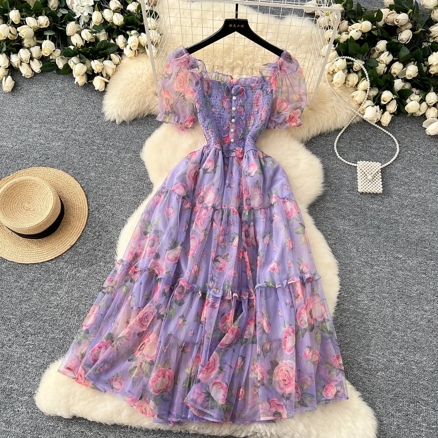 Retro Floral Chiffon Dr Women's Waist Cinched Bubble Sve Me Skirt Tea Break Gentle Soft Sle Korean High Waist A-Lin...