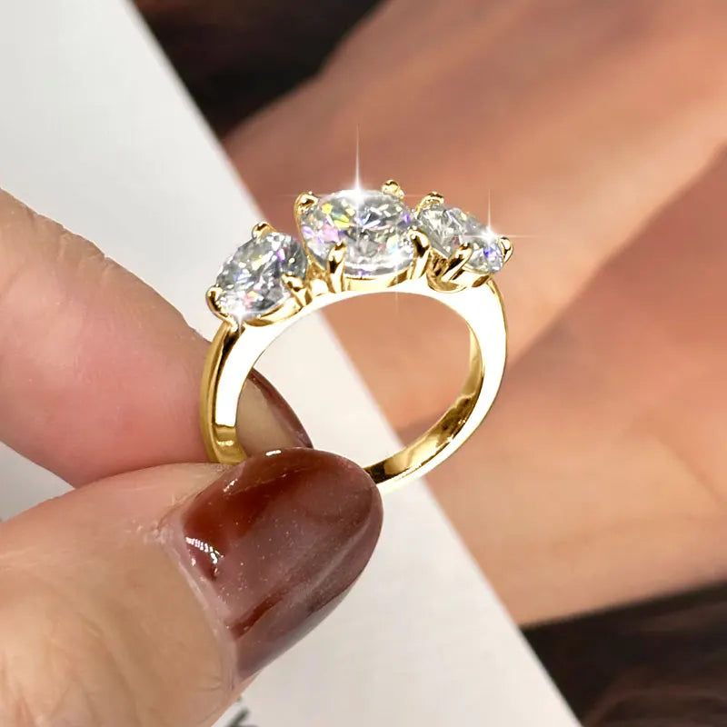 14k Gold Filled Three Stone Ring 8mm&6.5mm D Color Round Moissanite Certified Engagement Wedding Jewelry for Women Rings