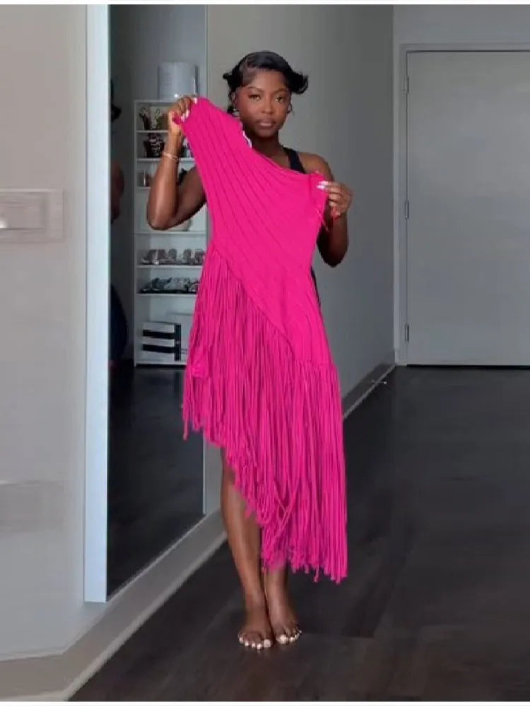 Women's summer Trend Sexy Fringe Pure Color Skirt Irregular Cut Backless Sleeveless Party Dresses Stylish Date Club Evening Gown