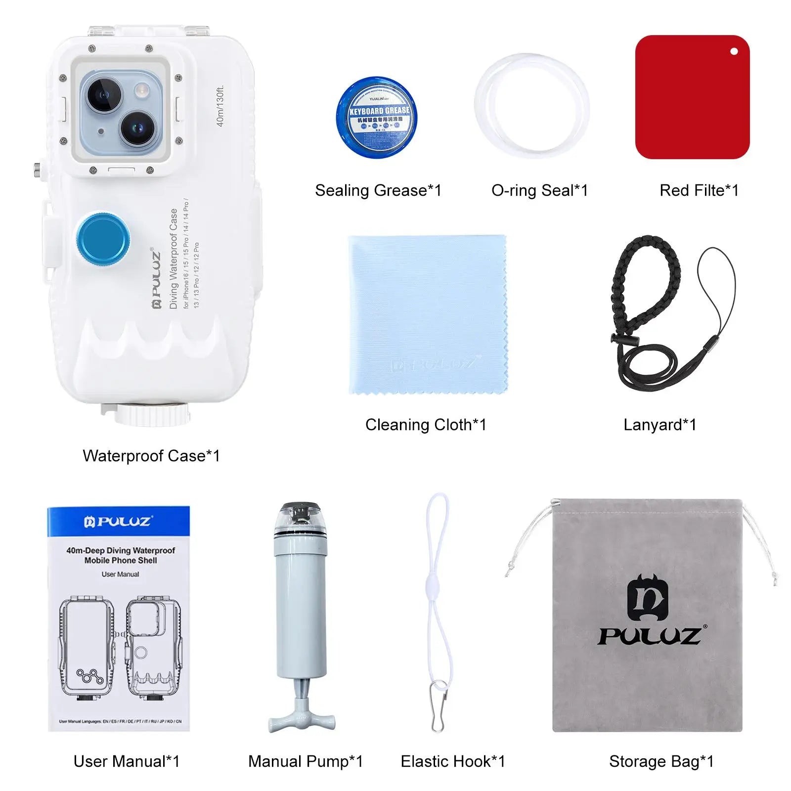 PULUZ 40m/130ft Waterproof Diving Case for iPhone 16 15 14 13 12 11 Pro Max Plus Photo Video Taking Underwater Housing Cover