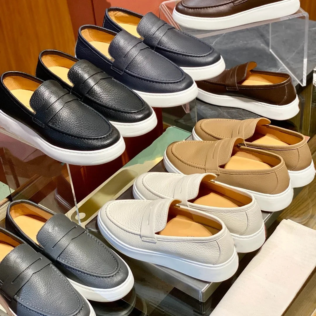 2026 New Men Genuine Grain Leather Penny Loafers Slip On Platform Non Slip Soft Sole Business Casual Driving Daily Walking Shoes