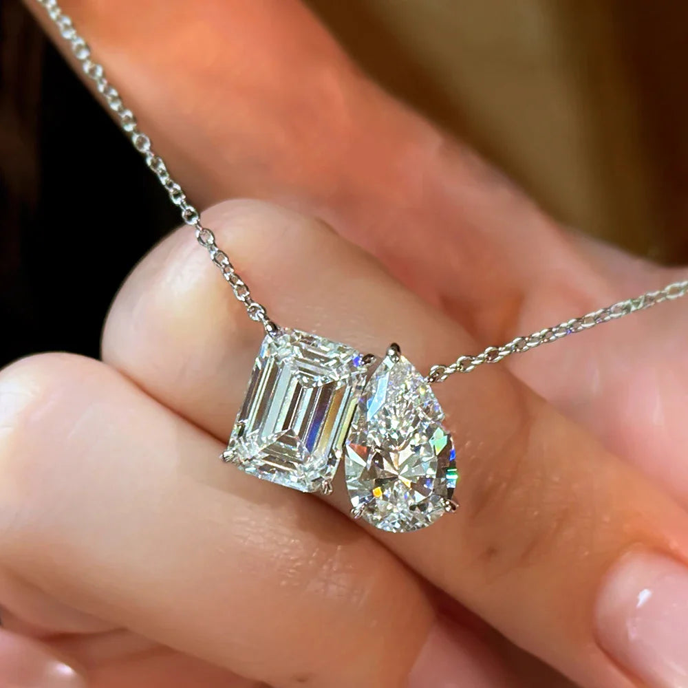 5cttw Radiant/Emerald Pear Cut Moissanite Diamond Pendant Necklace for Women  Certified 925 Silver 2-Stone Clavicle Neckchain