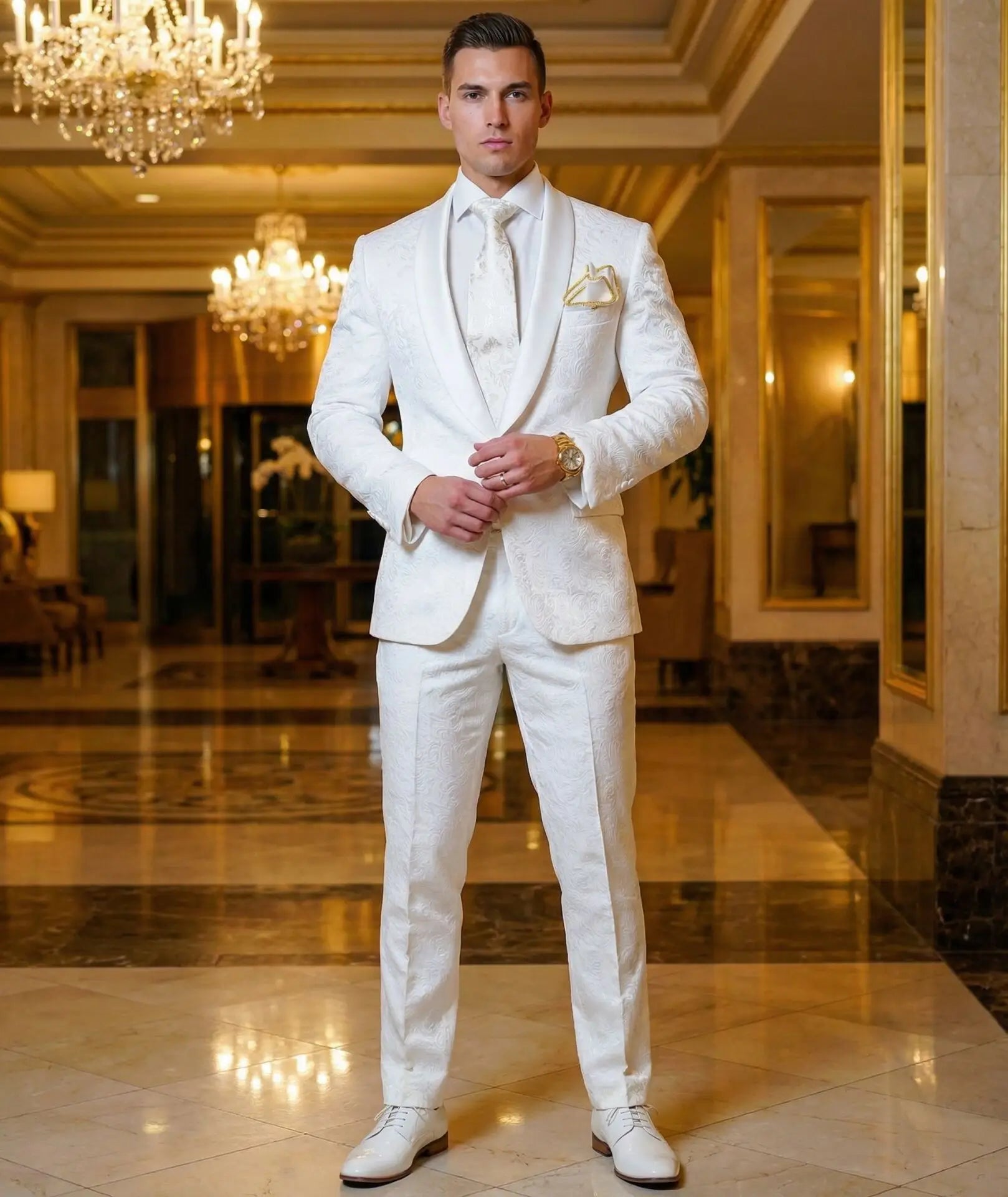 Groomsmen White Pattern Groom Tuxedos Shawl Satin Lapel Men Suits 2 Pieces Wedding Bridegroom