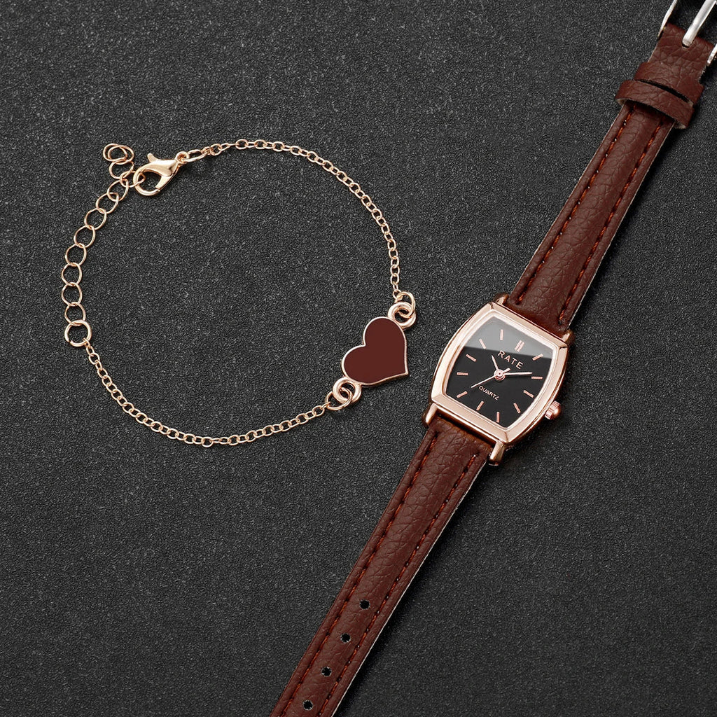 2PCS Fashion Leather Strap Quartz Wristwatches Set With Heart Bracelet Casual Simple Dial For Ladies Clock(Without Box)