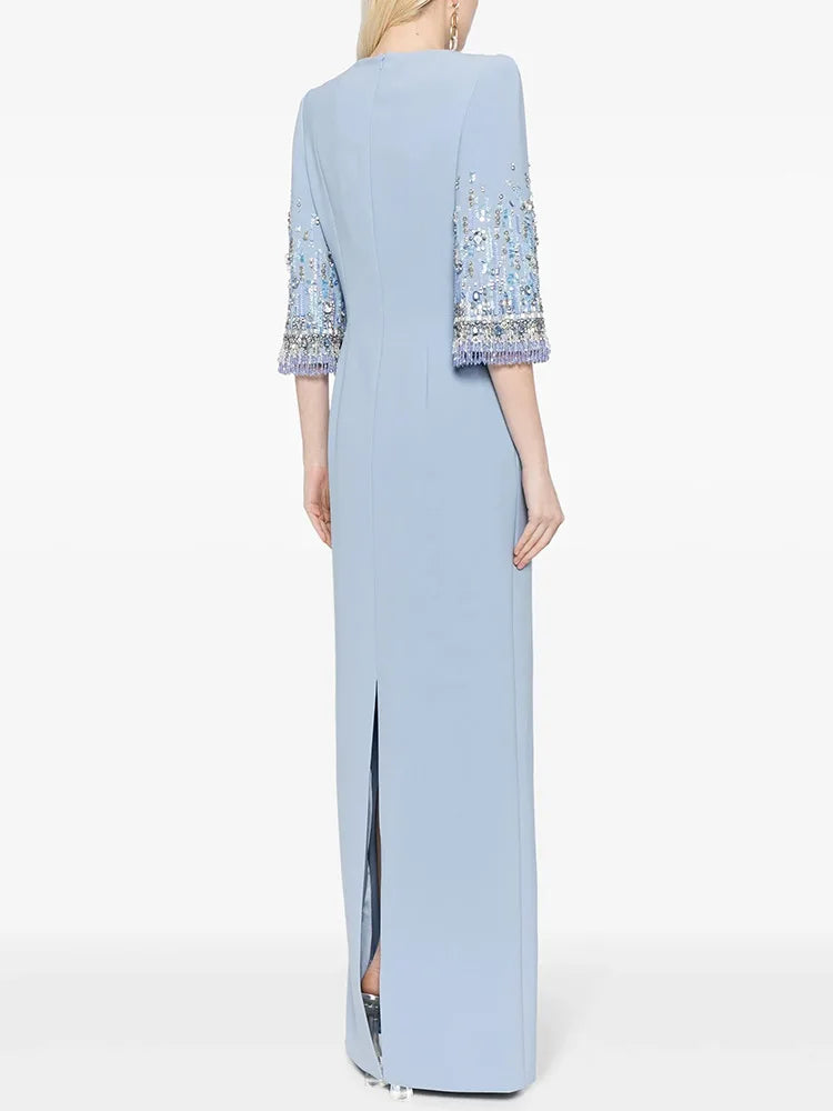 Newest Fashion 2026 S/S Designer Vestido Women's Half Sleeve Stunning Beaded  Long Maxi Dress