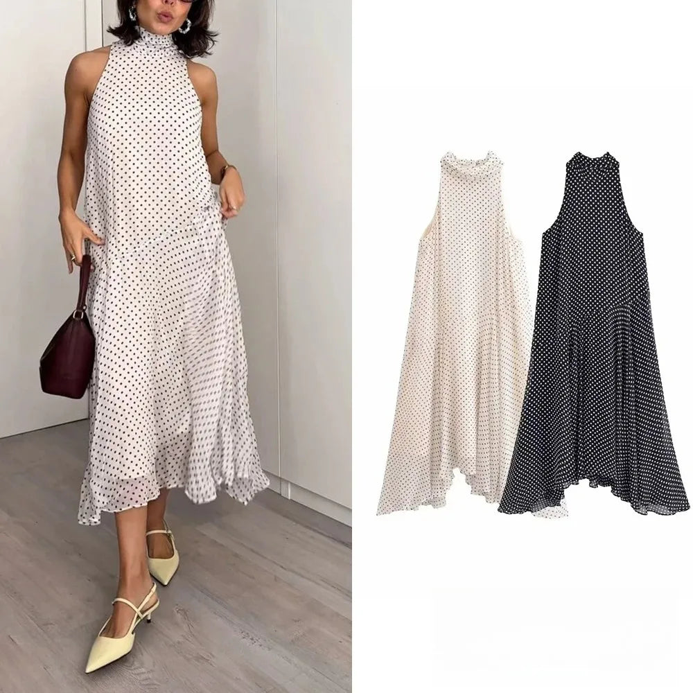 Sexy Halter Scarf Dot Print Dress Women Sleeveless Backless Chiffon Holiday Dress Fashion 2025 Summer Loose Beach Dress