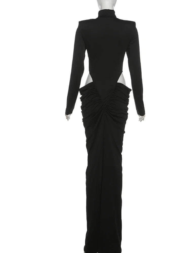 Hipster Waistless Ruched Elegant Dress Woman Autumn Style Turtleneck Full Sleeve Hollow Design Prom Party Long Bodycon