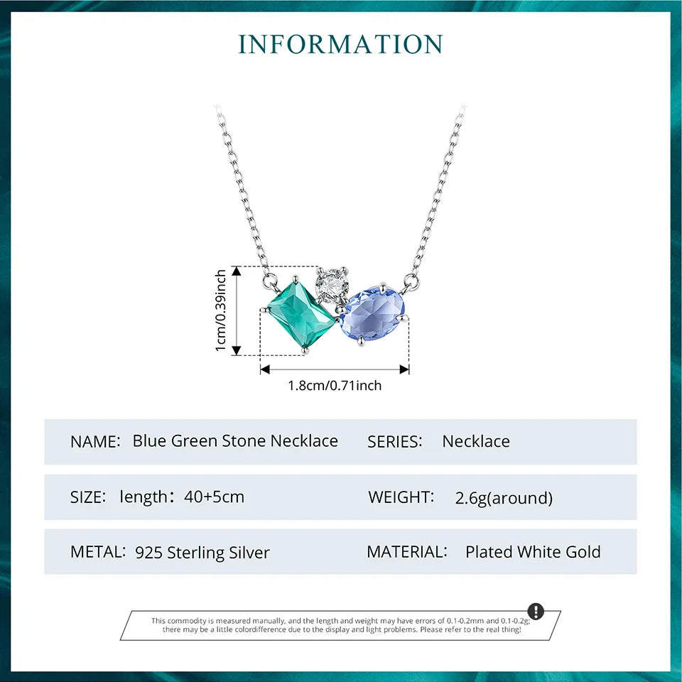 925 Sterling Silver Necklace Blue Green Stone  White Gold Zirconia Pendant Adjustable Chain for Women Fine Jewelry Gift
