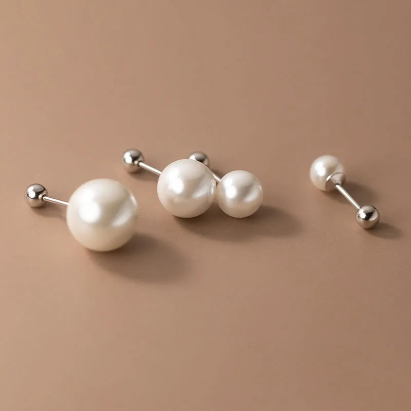 Real 925 Sterling Silver Geometric Round Bead 6/8/10/12mm Pearl Stud Earrings For Women TRENDY Fine Jewelry Accessories