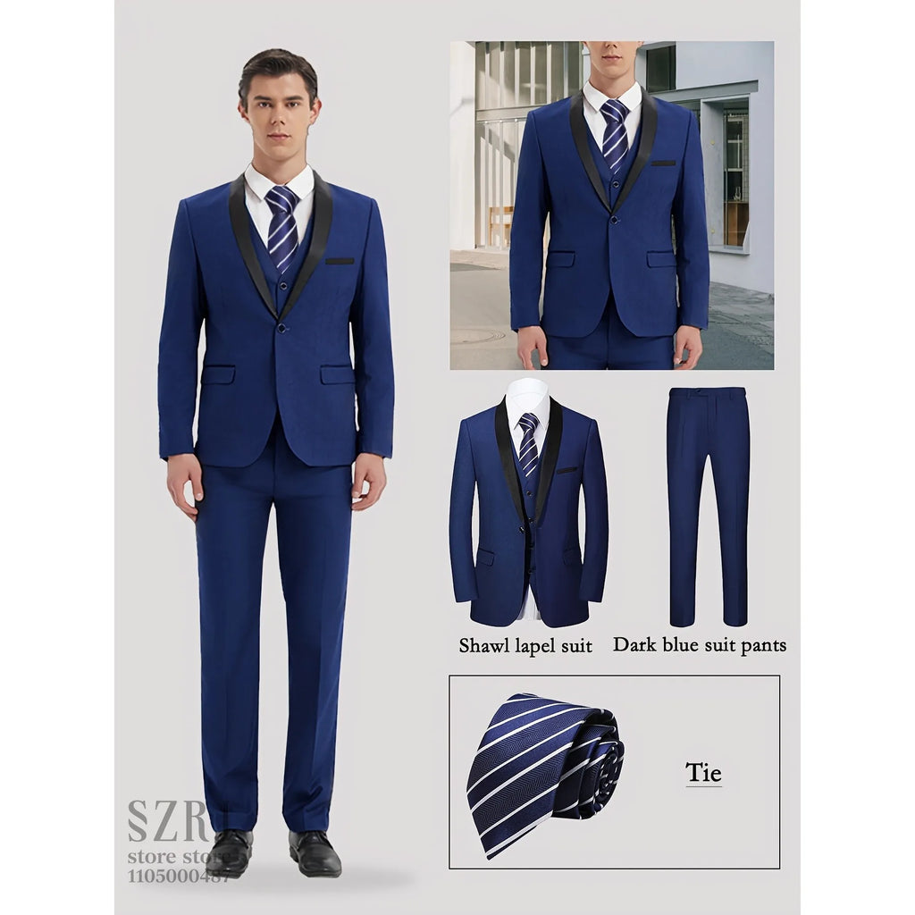4pcs Men's Tuxedo Set:Classic Lapel Blazer,Vest,Pants&Tie High-Quality,Adjustable Waist.For Parties,Weddings, Proms. Comfy Fit.