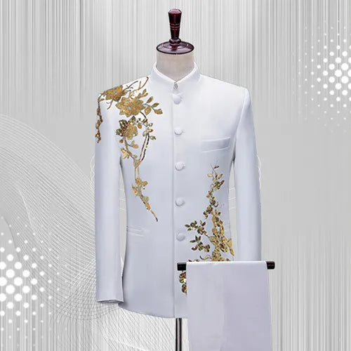 Fashion Men Stand Up Collar Floral Suit