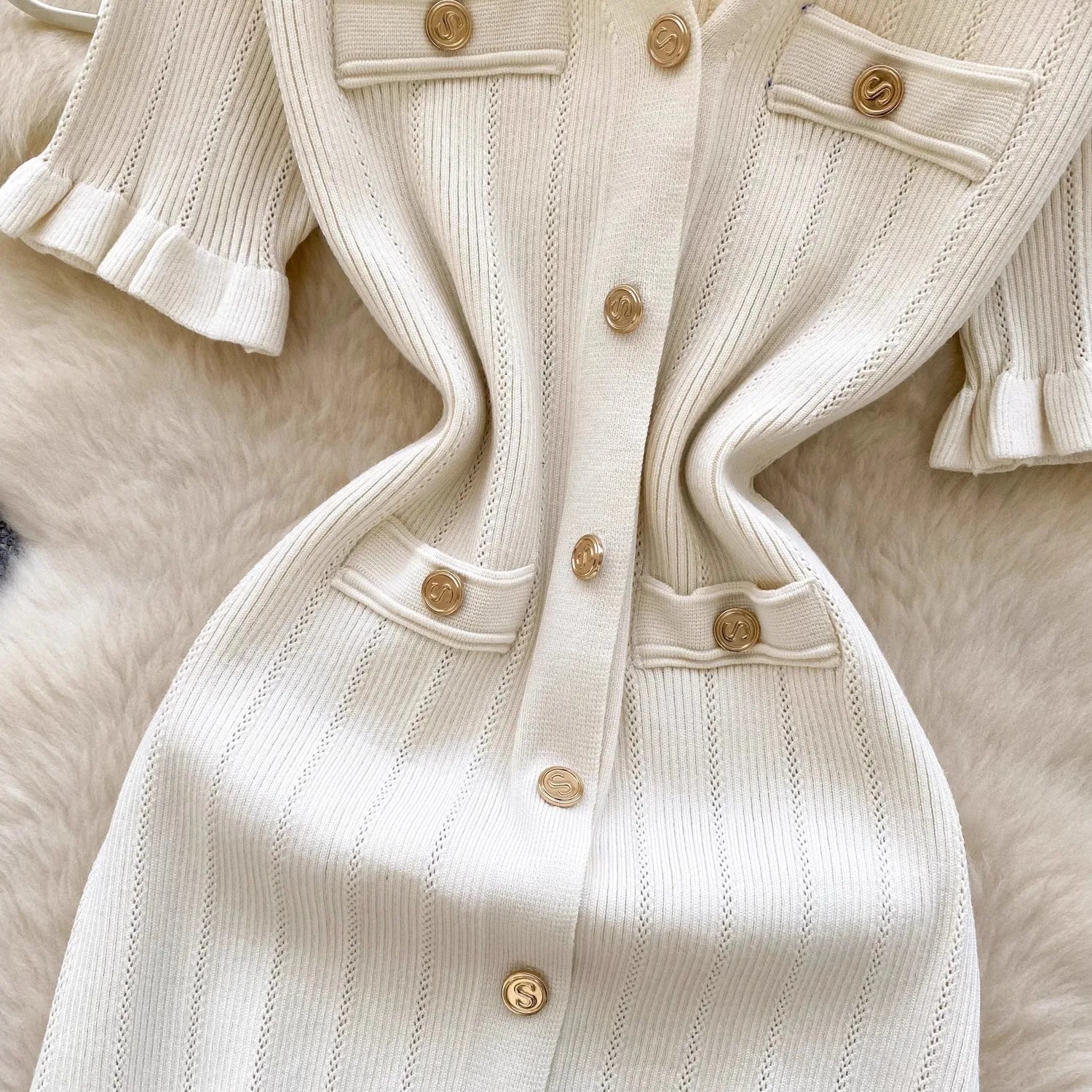 Brand Fashion Vintage Knitted Long Dress Spring Summer Women Elegant V-neck Ruffled Bodycon Sweater Dress Party Vestido