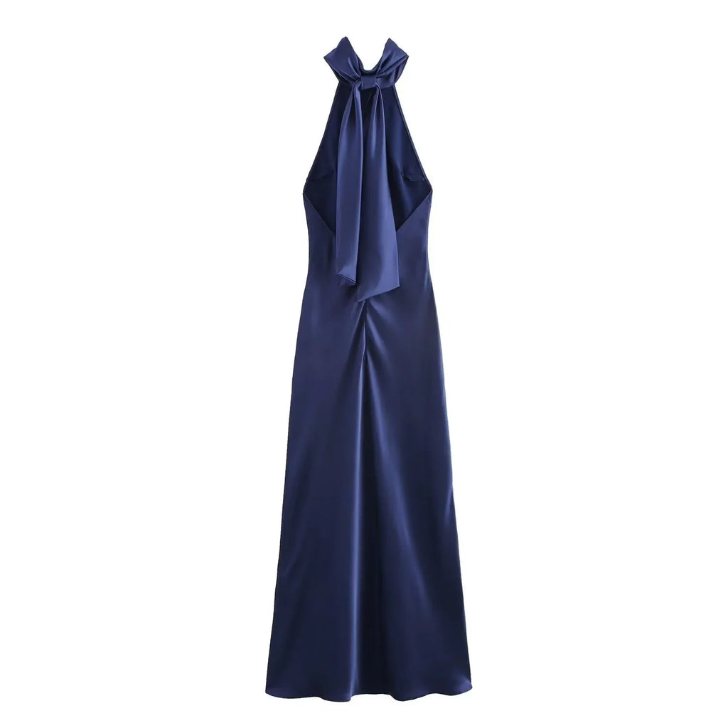 Dress for Women Fashion 2024 Autumn New Bow Sexy Backless French Elegant Halter Neck Satin Texture Midi Dresses