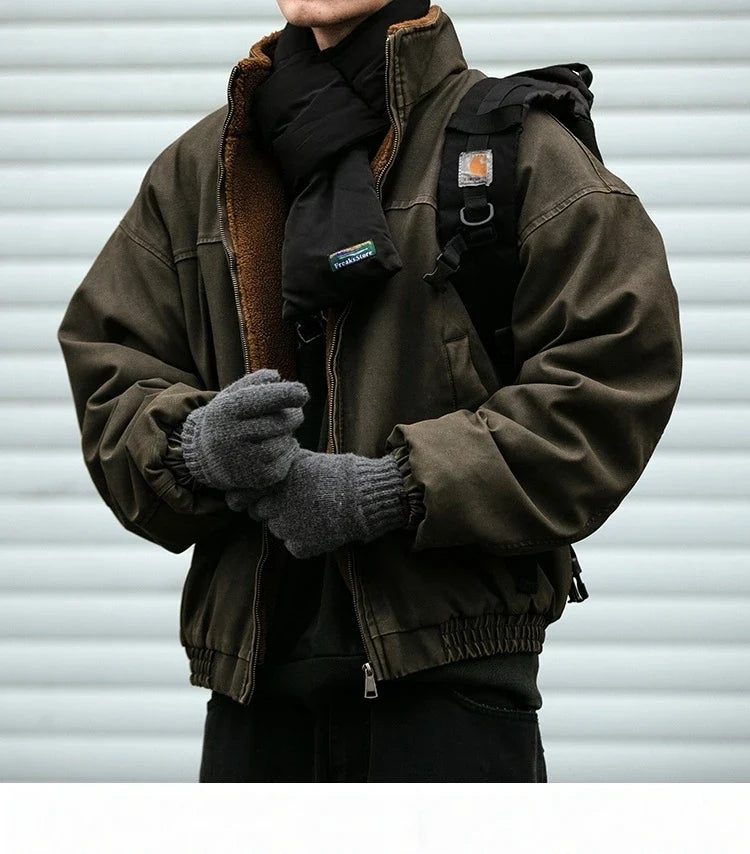 Winter Heavyweight Mens Jacket Japanese Vintage PU Coated Windproof Thick Fleece Lined Warm Distressed Streetwear Long Coat Male