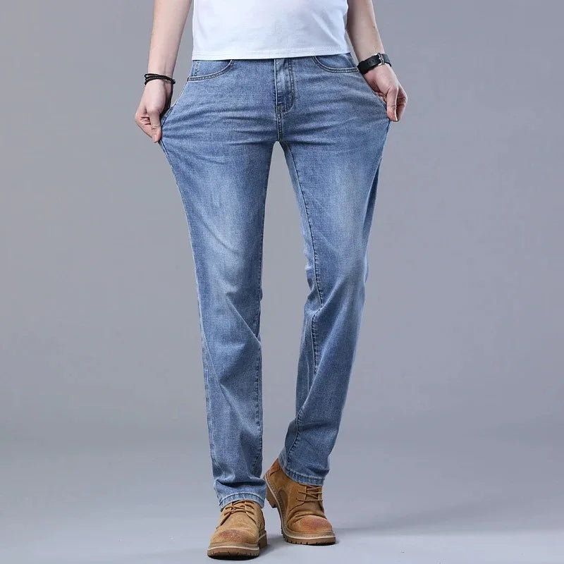 High Quality Spring Autumn Men's Slim Jeans Stylish Casual Stretch Fabric Denim Pants Classic Trousers Smoke Gray Plus Size 40