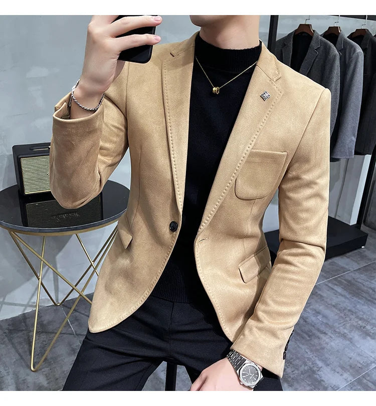 Plus Size 4XL-M Autumn Deerskin Velvet Jackets Blazer 6 Color Men Business Slim Blazers Hommes Casual Wedding Tuxedo Suit Coat