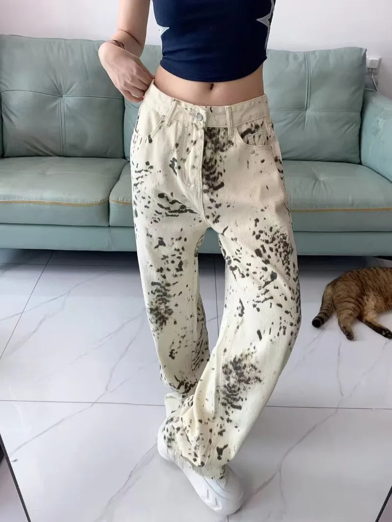 بنطلون جينز نسائي بقصة أرجل واسعة وخصر عالٍ كاجوال