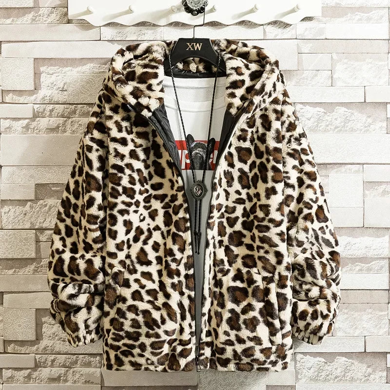 2024 Men's Leopard Print Handsome Imitation Mink Hooded Jacket Fleece-Lined Warm