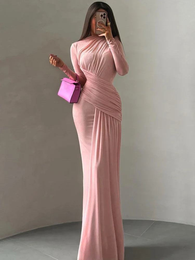 Sisterlinda Folds Maxi Dress Women O-Neck Full Sleeve Solid Banquet Elegant Vacation Fashion Autumn Skinny Casual Simple Vestido