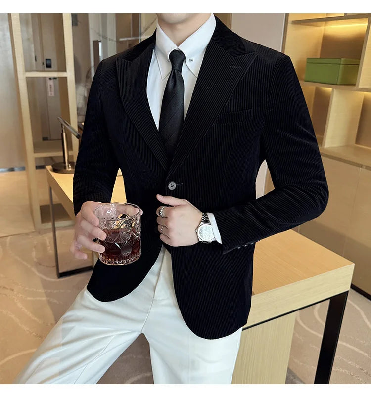 Corduroy Stripe Suit Jacket For Men Autumn Winter Business Slim Fit Tailcoat Formal Wedding Party Fashion Casual Suit Coat 4XL-M