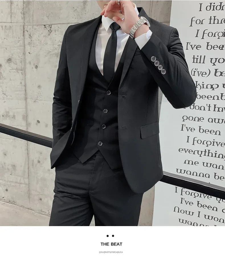 Suit Men's (Blazer+ Vest + Pants) 2025 Business Gentleman Fashionable and Fitted Casual Work Solid-color Wedding Best Man Suit