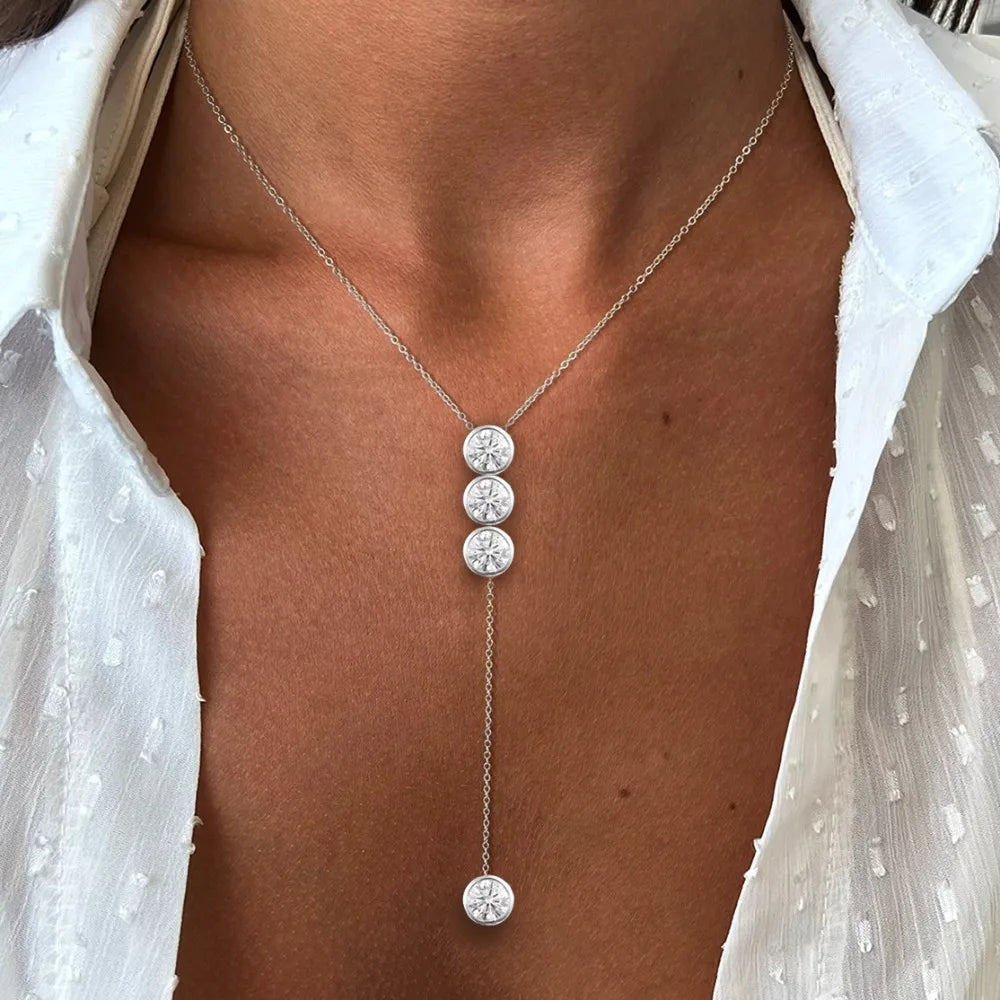 3/5mm Round Bubble Bezel Set Moissanite Diamond Pendant Necklace for Women 925 Sterling Silver Y-Shape Long Tassel Neckchain