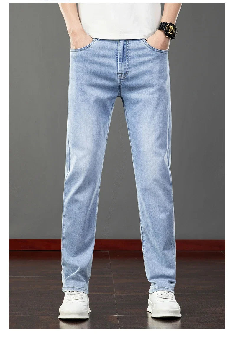 2026 Summer Men's Jeans Slim Fit Jeans Thin Stretch Straight Light Business Casual Denim Long Pants Male Classic Style Brand