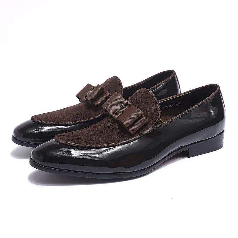 Handmade Men's Genuine Leather Patent Suede Loafers Patchwork Bow Tie Dress Shoes for Wedding Banquet Formal Occasions