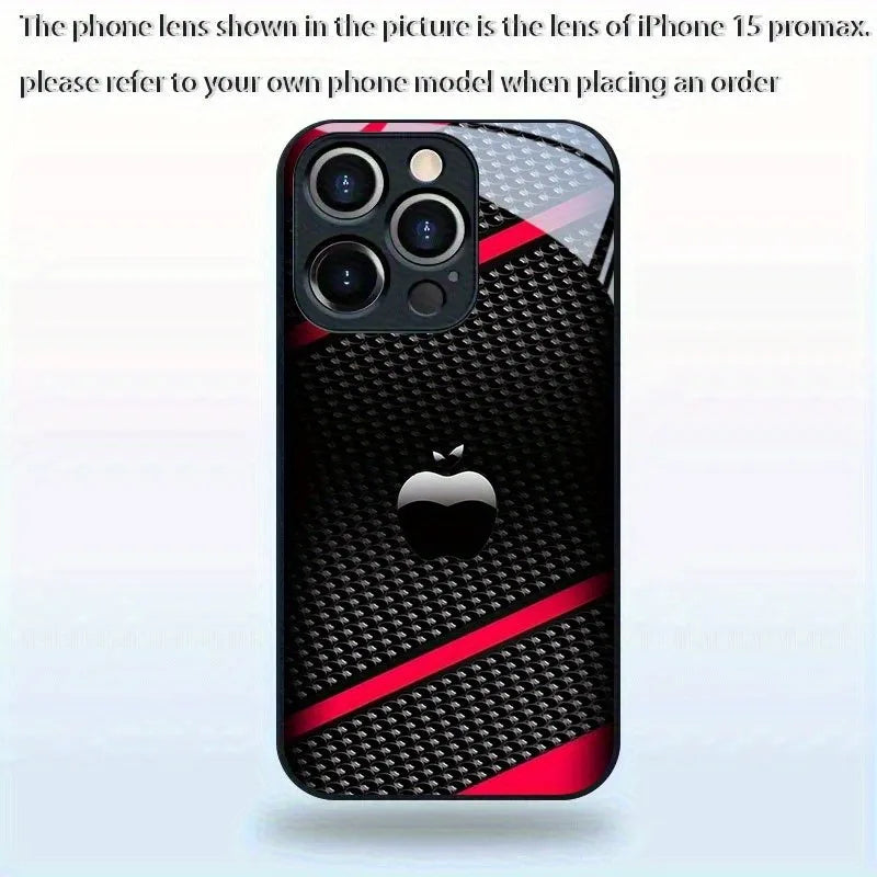 Black Carbon Fiber For Apple Pattern Glass Phone Case For iPhone 17 16 15 14 Pro Max 13 12 11 16E 17Air 7 8 Plus XR XS X Cover