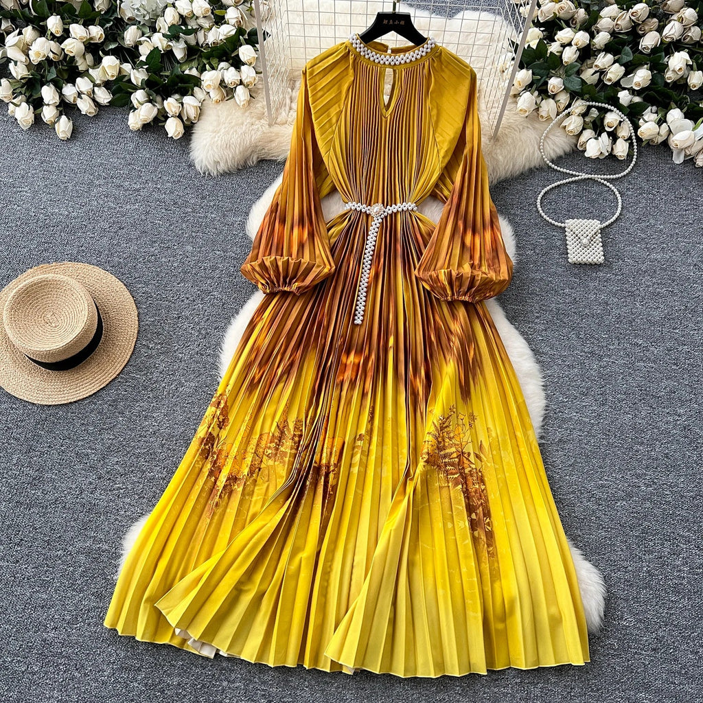 High-End Women's Dr Faionable Beaded round Ne Hollow out Pleated Lantern Sve Waist Cinched Floral Print Lon...