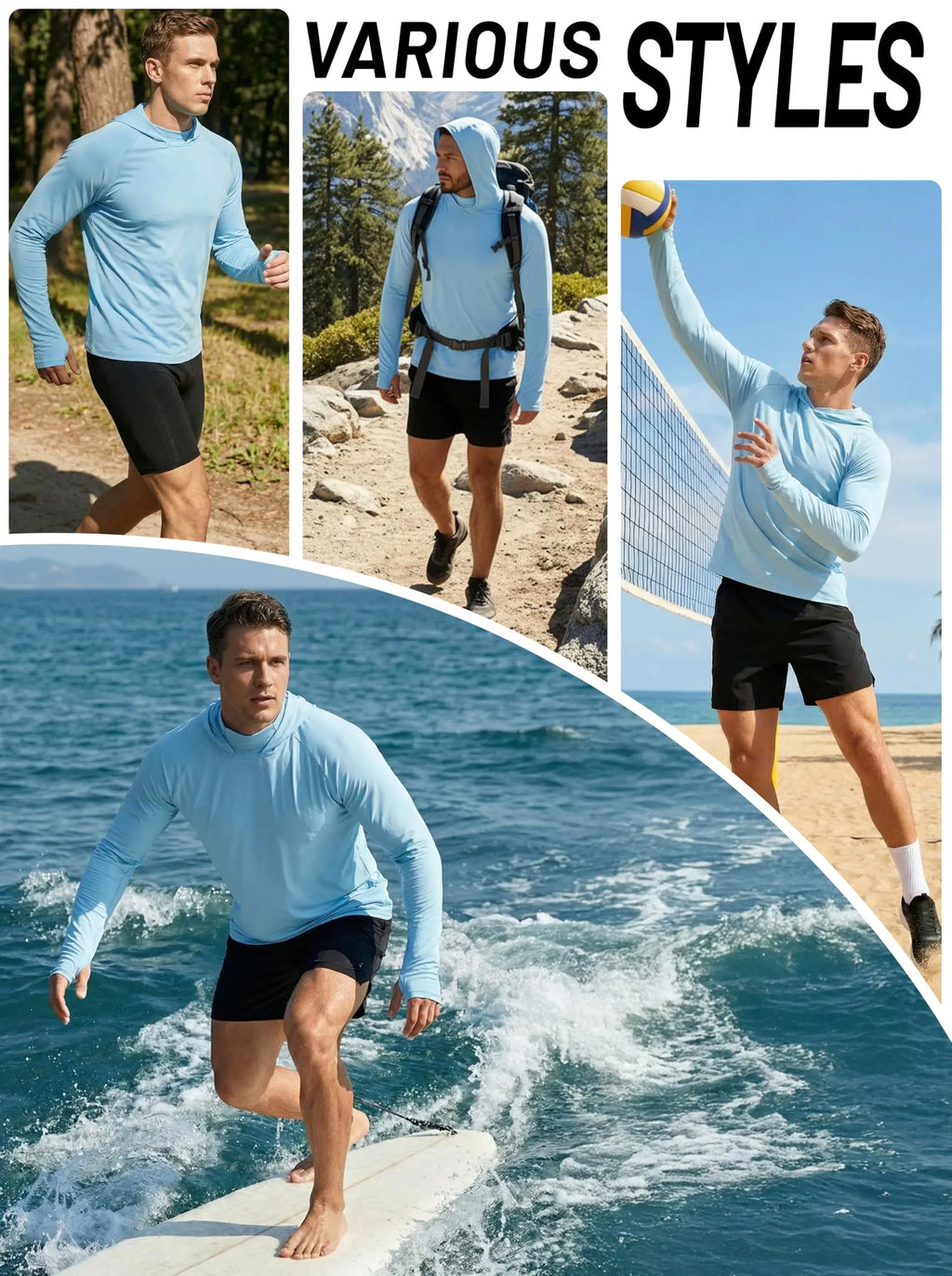 Men's UPF 50+ Hoodie Fishing Shirts Long Sleeve High Collar Mesh UV Sun Protection Rash Guard Swim Beach Running Hiking