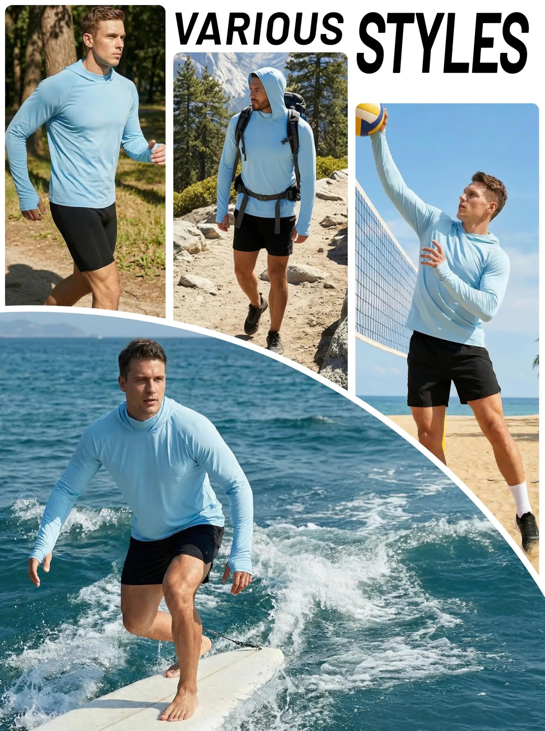Men's UPF 50+ Hoodie Fishing Shirts Long Sleeve High Collar Mesh UV Sun Protection Rash Guard Swim Beach Running Hiking